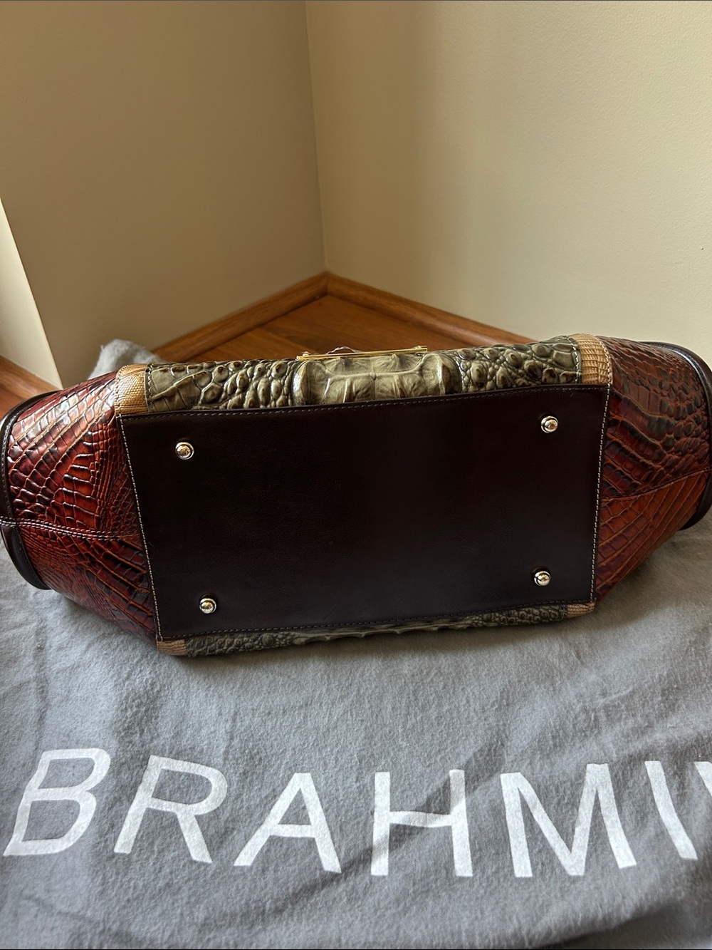 Brahmin Olive, Rust & Brown Croc-Embossed Satchel - Picture 6 of 11